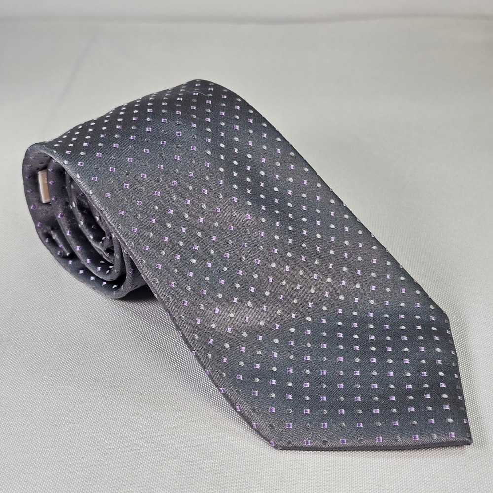 Michael Michael‎ Kors Mens Silk Tie Grey Purple Geometric Square Pattern Necktie